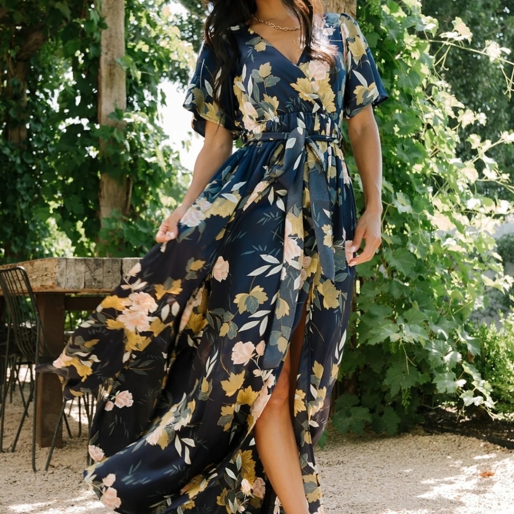 XS Baltic Born Sicily Satin Maxi Dress in Navy Floral